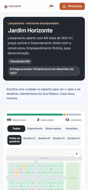Link do corretor do Jardim Horizonte aberto no celular, com o mapa de lotes