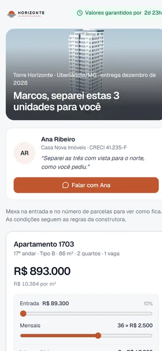Sala da proposta aberta no celular do cliente, com a unidade e a simulação de entrada
