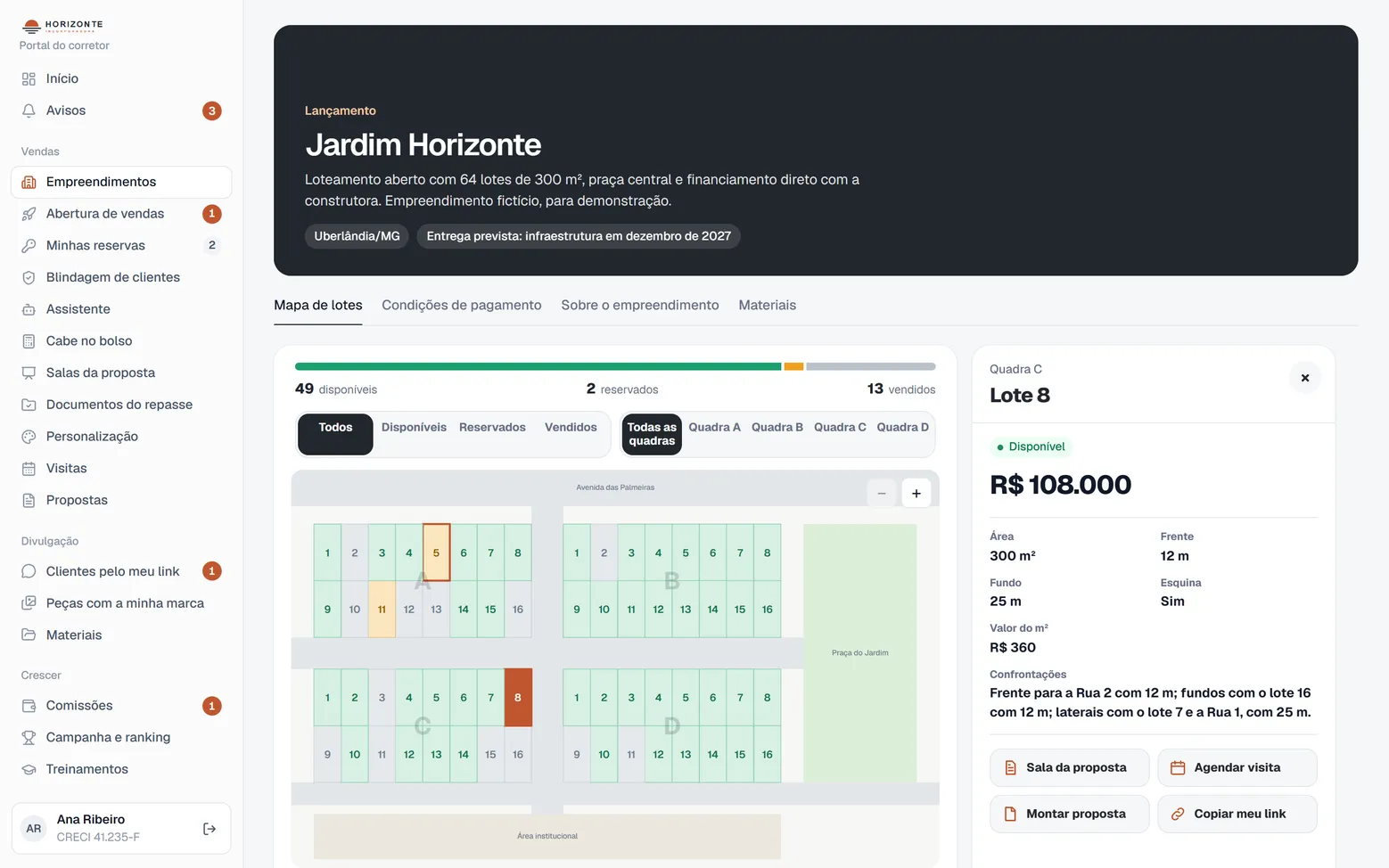 Mapa de lotes do Jardim Horizonte com o lote 8 da quadra C selecionado