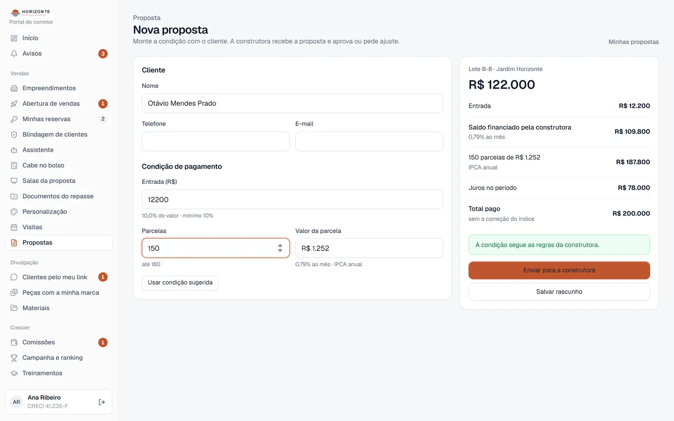Simulador de proposta com entrada, parcelas e o aviso de que a condição segue as regras da construtora
